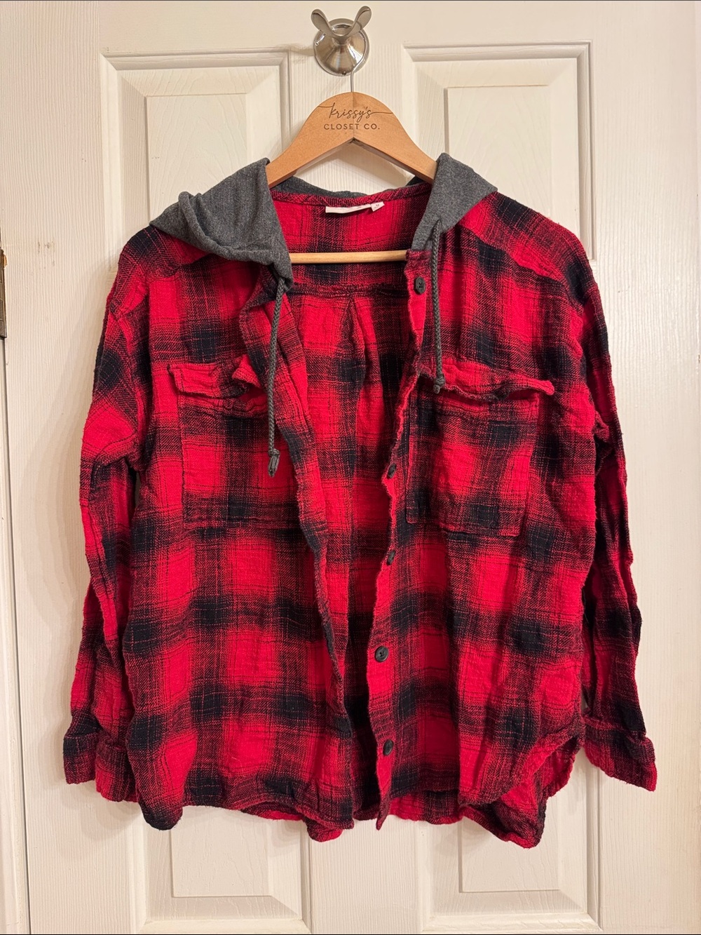 SO Red and Black Plaid Hooded Flannel Jacket